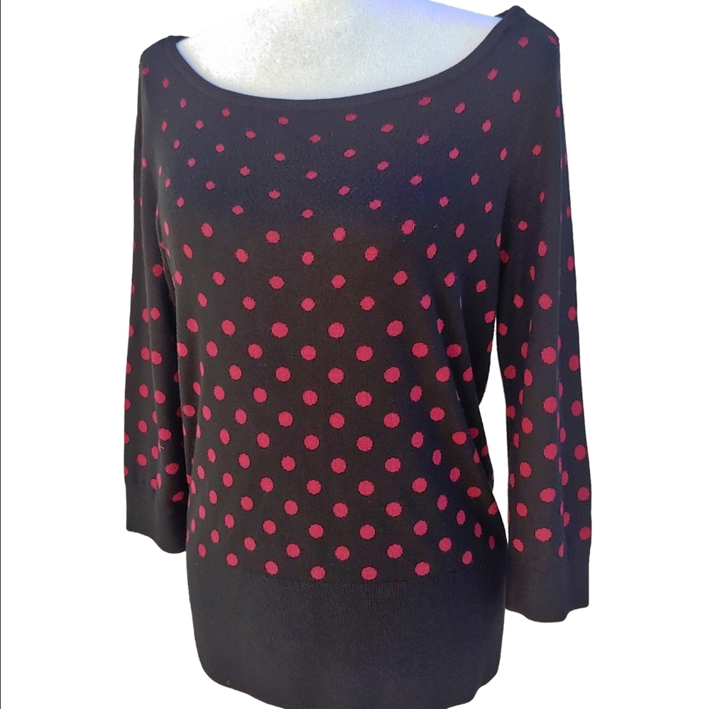 White House Black Market Black and Fuchsia Polka Dot Top 3/4 Sleeves Women's Med
